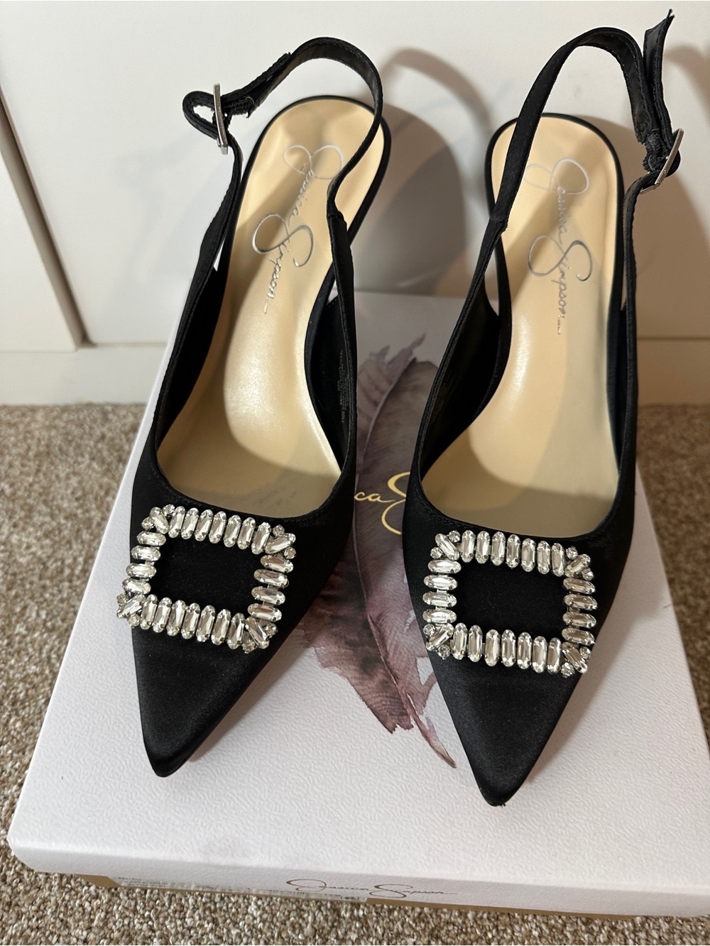 Jessica Simpson Black Satin Pointed Slingback Heels with Crystal Square Accent